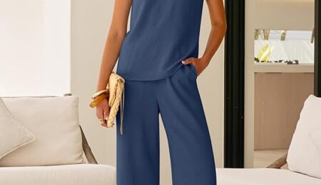 ANRABESS Women Summer 2 Piece Outfits, V-Neck Top and Wide Leg Pants Set, Comfy All-Day Wear for Lounge & Daily, Travel