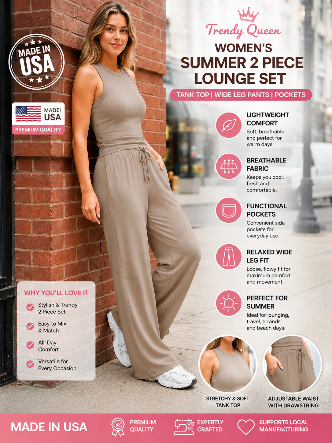 Trendy Queen Women’s Summer 2 Piece Lounge Set Tank Top Wide Leg Pants