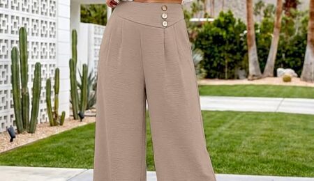 EVALESS Womens High Waisted Button Pleated Wide Leg pant