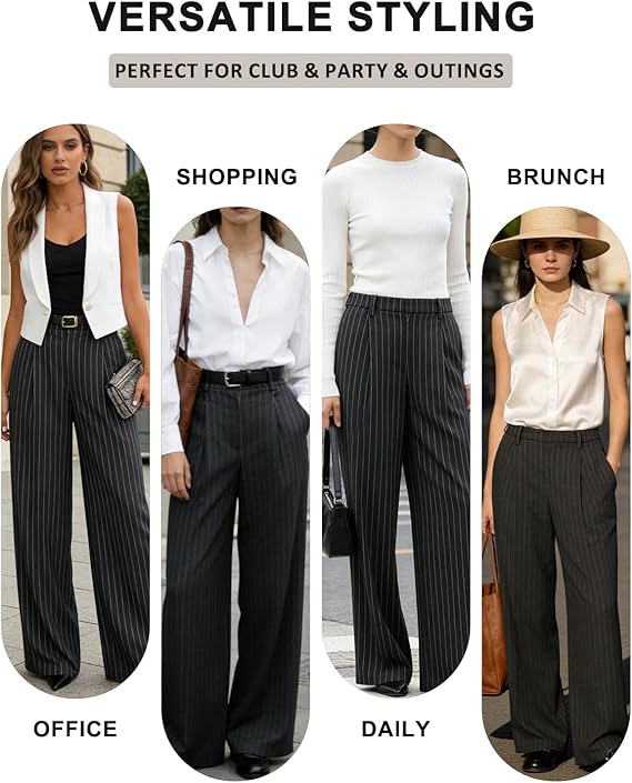 SUMABA Women’s Striped Pants Wide Leg High Waist Casual Trousers Loose Long Dress Pants with Pockets pants