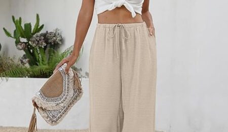 Sampeel Wide Leg Pants for Women Flowy Palazzo Drawstring Elastic Waist Trousers
