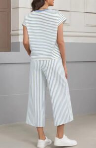 Sweetmoon Capri Sets Women 2 Piece Outfits Summer Top and Wide Leg Striped Pant