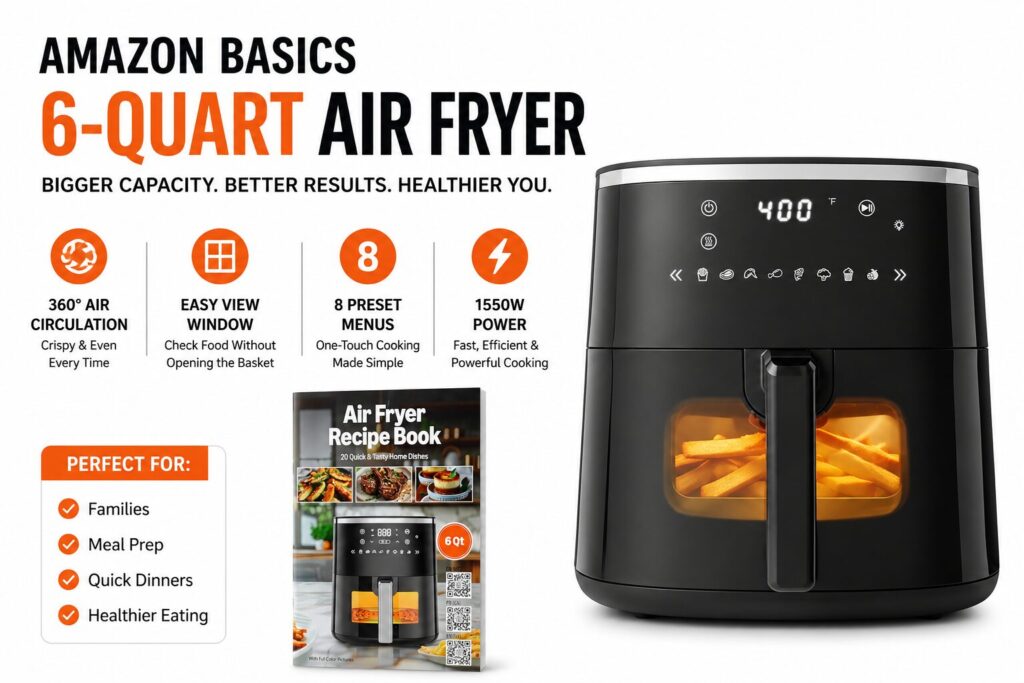 Amazon Basics 6-Quart Air Fryer with Easy View Window, 8 Preset Menus, 1550W, Black
