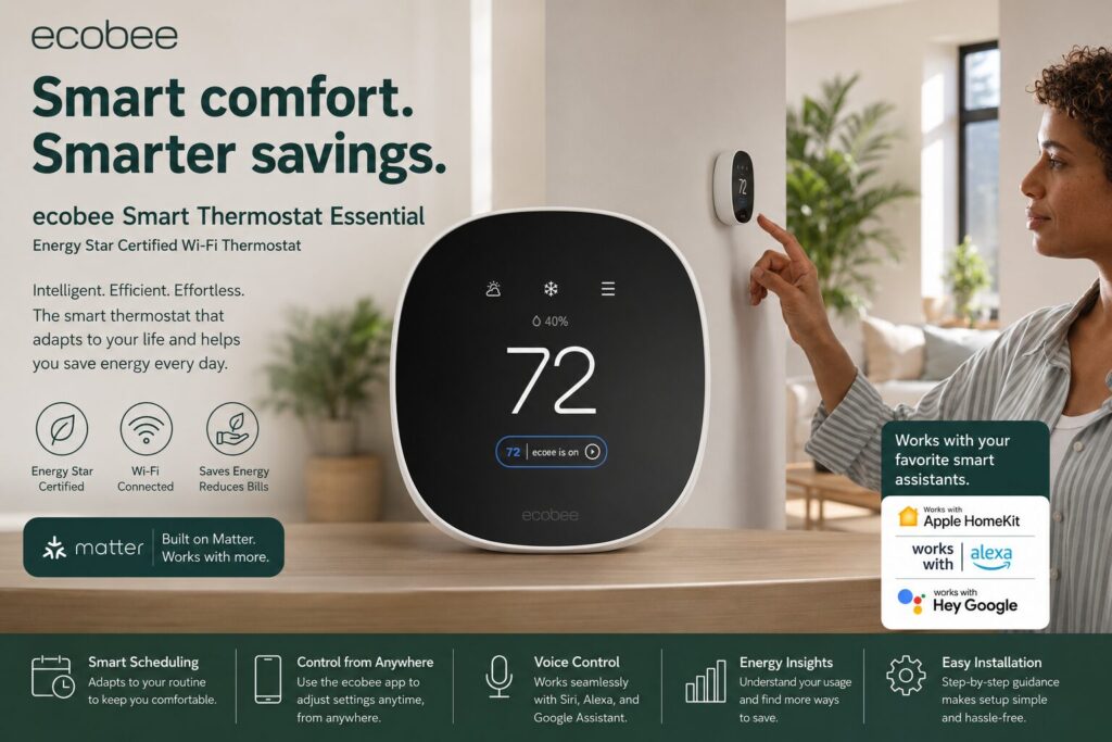 Ecobee Smart Thermostat Essential - Energy Star Certified programmable Wi-Fi Thermostat