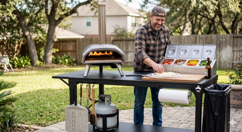 EUTRKei-heavy-duty-grill-cart-with-ooni-pizza-oven-and-propane-tank-holder, All-in-one-backyard-pizza-making-station-with-stainless-steel-topping-containers